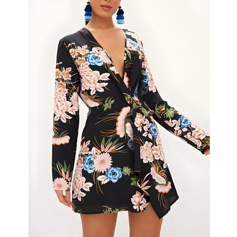 PrettyLittleThing Black Floral Long Sleeve Wrap Dress